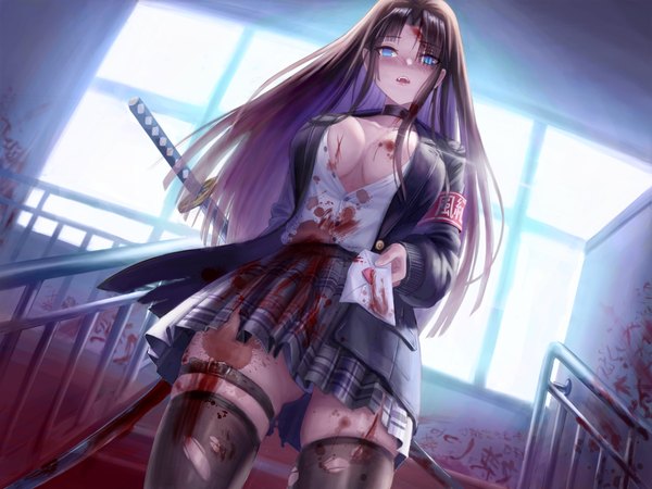 Anime picture 2048x1536 with original kafkasea single long hair looking at viewer blush highres breasts open mouth blue eyes light erotic black hair large breasts standing holding indoors long sleeves pleated skirt open clothes from below