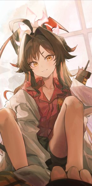 Anime picture 1013x2048 with blue archive kasumi (blue archive) blanc (whit blanc) single long hair tall image looking at viewer smile brown hair sitting yellow eyes ahoge horn (horns) grin girl shirt halo labcoat red shirt
