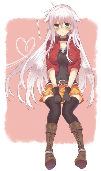 Anime picture 600x1007 with original anceril sacred mishima kurone single long hair tall image blush fringe breasts sitting green eyes ahoge bent knee (knees) white hair pleated skirt open clothes open jacket lacing girl skirt