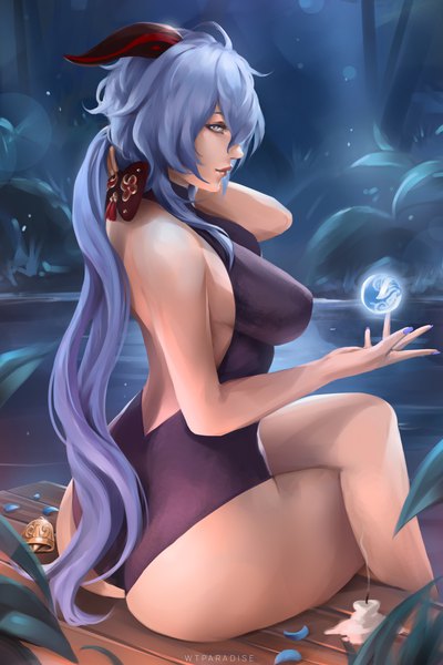 Anime picture 1512x2268 with genshin impact ganyu (genshin impact) wtparadiseart single long hair tall image looking at viewer fringe breasts blue eyes light erotic hair between eyes large breasts sitting signed blue hair ahoge outdoors ass nail polish