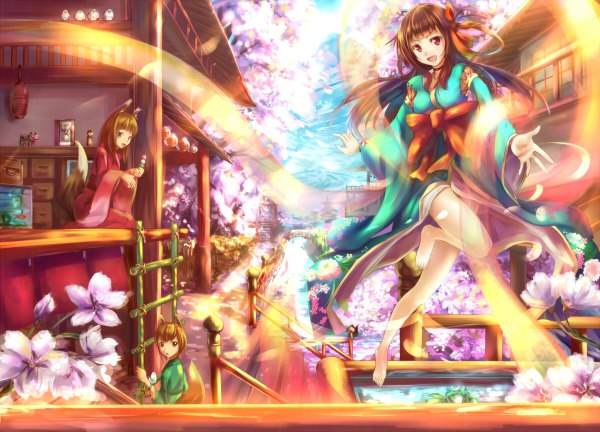 Anime picture 1200x864 with original sakura ani long hair short hair open mouth red eyes brown hair multiple girls brown eyes traditional clothes japanese clothes barefoot fox ears fox tail fox girl girl hair ornament flower (flowers) bow petals