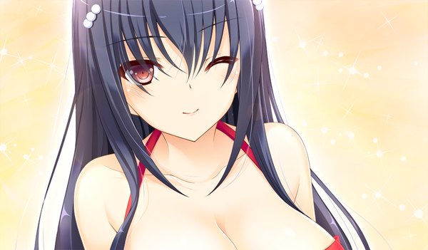 Anime picture 1024x600 with prestar single long hair looking at viewer blush light erotic black hair smile red eyes wide image game cg one eye closed wink girl