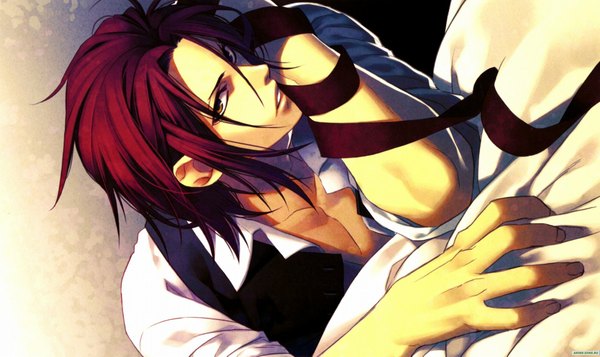 Anime picture 1920x1145 with hakuouki shinsengumi kitan studio deen sanosuke harada looking at viewer highres short hair open mouth red eyes wide image brown eyes open clothes open shirt reclining boy ribbon (ribbons) shirt bed
