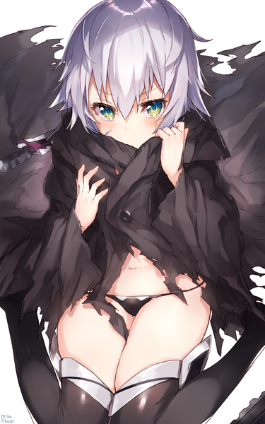 Anime picture 875x1400 with fate (series) fate/apocrypha jack the ripper (fate/apocrypha) mika pikazo single tall image looking at viewer blush fringe short hair light erotic simple background hair between eyes white background sitting green eyes signed silver hair no shoes torn clothes