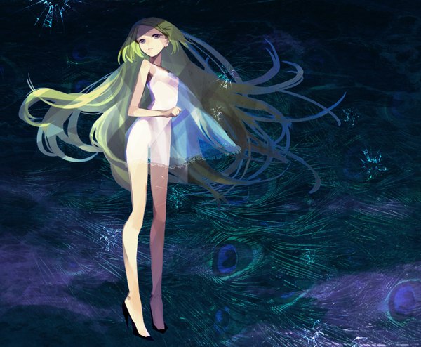 Anime picture 1500x1237 with original noco (adamas) single blue eyes light erotic full body very long hair green hair legs flat chest girl shoes