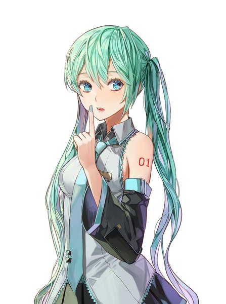 Anime picture 1500x2013 with vocaloid hatsune miku kim eb single long hair tall image fringe open mouth blue eyes simple background hair between eyes white background twintails upper body nail polish aqua hair finger to mouth girl detached sleeves necktie
