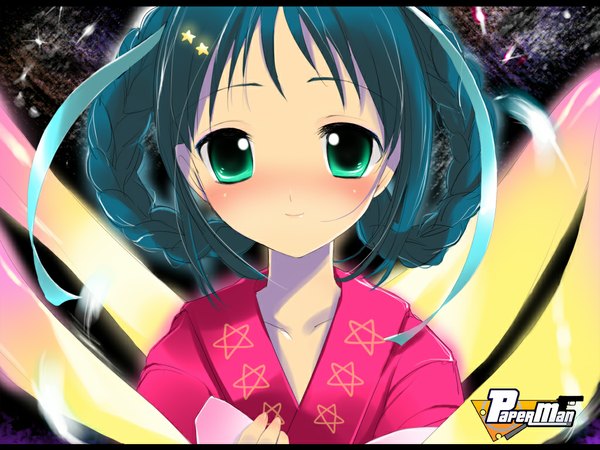 Anime picture 1024x768 with paper man blush smile green eyes blue hair braid (braids) haneyoru