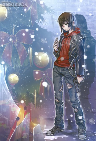 Anime picture 3383x4954 with black lagoon madhouse revy (black lagoon) hiroe rei single tall image highres short hair brown hair standing brown eyes absurdres scan open clothes open jacket official art shadow snowing winter exhalation