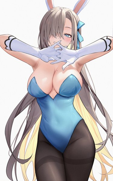 Anime picture 1240x1983 with blue archive asuna (blue archive) asuna (bunny) (blue archive) noho (yp6166) single long hair tall image looking at viewer fringe breasts blue eyes light erotic simple background blonde hair smile large breasts standing white background animal ears head tilt