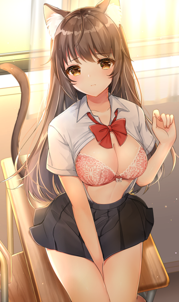 Anime picture 476x800 with original katsushika pachi single long hair tall image looking at viewer blush fringe breasts light erotic brown hair large breasts sitting brown eyes animal ears payot indoors tail head tilt animal tail