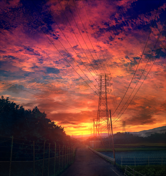 Anime picture 1060x1128 with original mks tall image animal ears cloud (clouds) sunlight evening sunset mountain no people plant (plants) tree (trees) fence railing road rice paddy