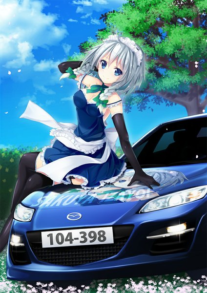 Anime picture 707x1000 with touhou mazda mazda rx-8 izayoi sakuya yaki mayu single tall image looking at viewer blush fringe breasts blue eyes smile sitting bare shoulders sky cleavage silver hair cloud (clouds) bent knee (knees)