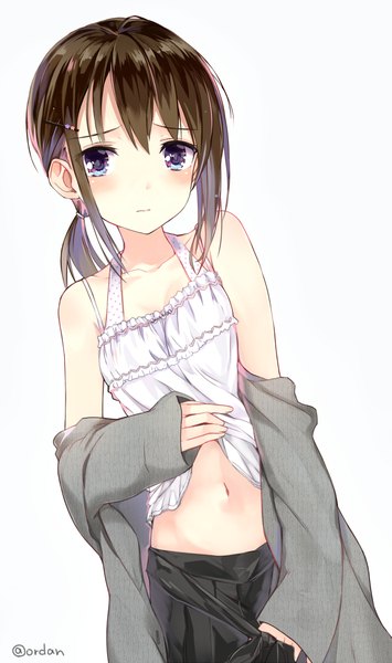 Anime picture 621x1050 with original orda single tall image looking at viewer blush short hair blue eyes light erotic simple background brown hair white background signed pleated skirt off shoulder embarrassed sleeves past wrists undressing girl skirt