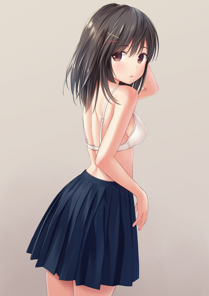 Anime picture 2894x4093 with original n.g. single long hair tall image blush fringe highres breasts open mouth light erotic black hair simple background hair between eyes standing brown eyes pleated skirt looking back from behind brown background