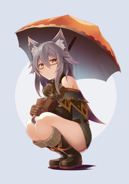 Anime picture 1000x1428 with original rin falcon single long hair tall image looking at viewer fringe simple background hair between eyes sitting bare shoulders holding brown eyes animal ears yellow eyes payot full body bent knee (knees) grey hair cat ears