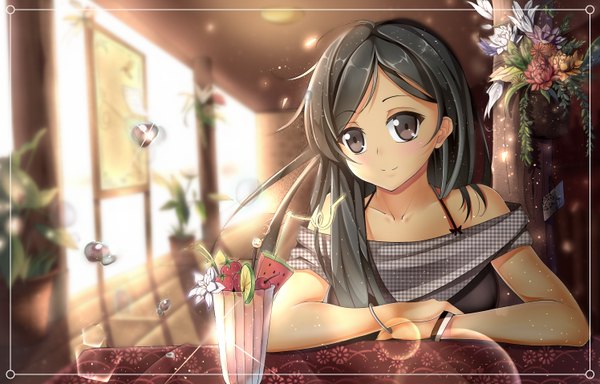 Anime picture 1496x958 with original soulkiller (brz) single long hair looking at viewer blush black hair smile bare shoulders black eyes girl flower (flowers) bubble (bubbles)