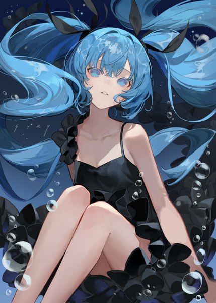 Anime picture 2500x3500 with vocaloid shinkai shoujo (vocaloid) hatsune miku chyoel single tall image looking at viewer fringe highres twintails bare shoulders payot bent knee (knees) very long hair parted lips head tilt aqua eyes aqua hair sleeveless girl