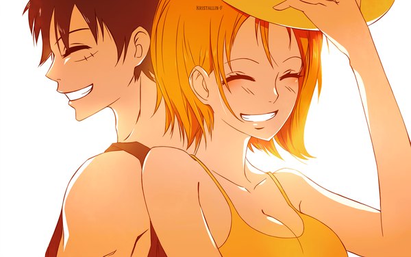 Anime picture 1600x1000 with one piece toei animation nami (one piece) monkey d. luffy kristallin-f (artist) short hair black hair blonde hair simple background smile wide image white background bare shoulders sunlight scar back to back boy hat straw hat