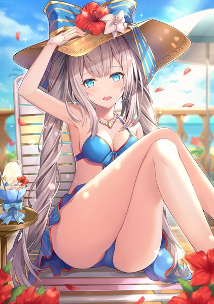 Anime picture 878x1249 with fate (series) fate/grand order marie antoinette (fate/grand order) rin yuu single long hair tall image looking at viewer blush fringe breasts open mouth blue eyes light erotic sitting twintails payot sky silver hair cloud (clouds)