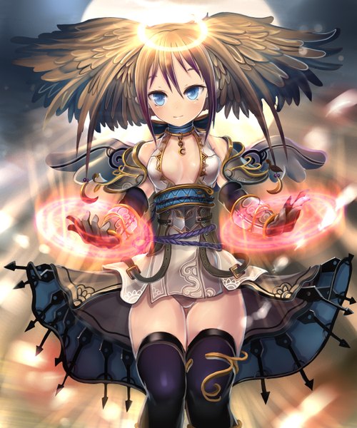 Anime picture 2500x3000 with original sakaiyuuki (artist) single tall image highres blue eyes light erotic smile brown eyes cleavage magic spread arms head wings girl thighhighs wings choker halo magic circle