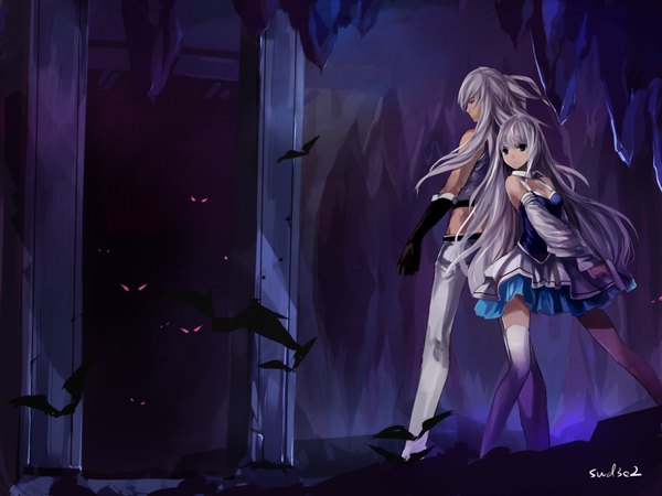 Anime picture 1740x1305 with dungeon and fighter swd3e2 long hair looking at viewer fringe highres blue eyes multiple girls signed white hair back to back girl thighhighs dress gloves weapon 2 girls detached sleeves animal white thighhighs