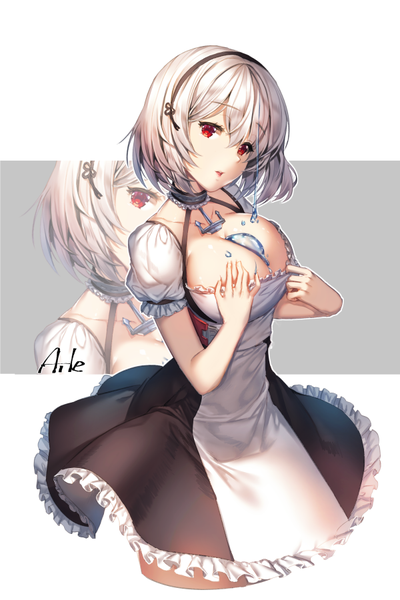 Anime picture 600x900 with azur lane sirius (azur lane) aile (crossroads) single tall image looking at viewer fringe short hair breasts light erotic simple background hair between eyes red eyes large breasts signed cleavage silver hair head tilt short sleeves maid