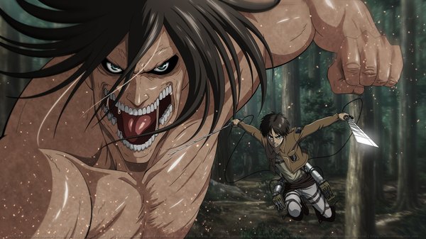 Anime picture 1920x1080 with shingeki no kyojin production i.g eren yaeger rogue titan elisadevelon highres short hair open mouth black hair wide image holding green eyes muscle dual wielding angry giant boy uniform plant (plants) tree (trees)