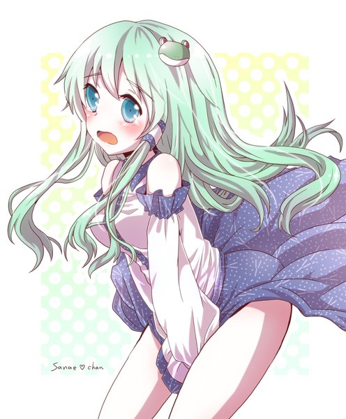 Anime picture 1412x1708 with touhou kochiya sanae kuromame (8gou) single long hair tall image blush open mouth blue eyes bare shoulders green hair wind leaning leaning forward tears girl hair ornament detached sleeves hair tubes
