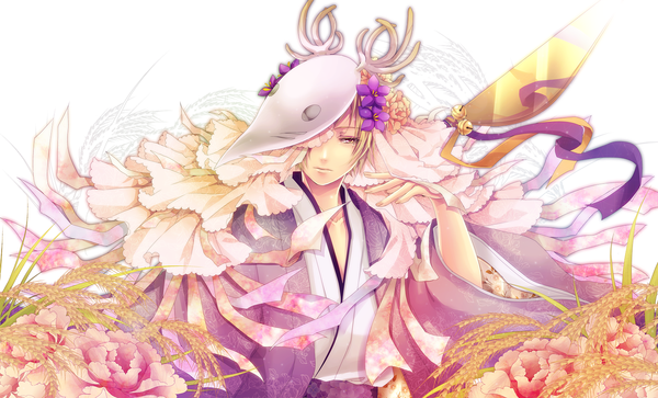 Anime picture 1487x900 with natsume yuujinchou brains base (studio) natsume takashi domco single short hair blonde hair wide image yellow eyes japanese clothes hair flower boy hair ornament plant (plants) bell mask
