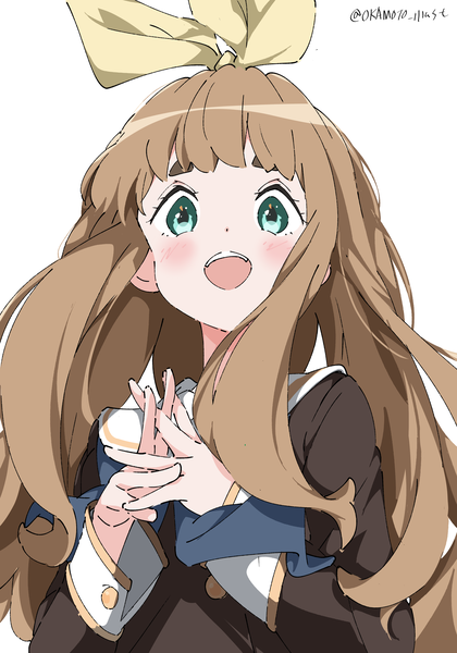 Anime picture 2864x4093 with hibike! euphonium kyoto animation yoshikawa yuuko white gorilla (okamoto) single long hair tall image looking at viewer blush highres open mouth simple background brown hair white background signed upper body :d aqua eyes twitter username eyebrows