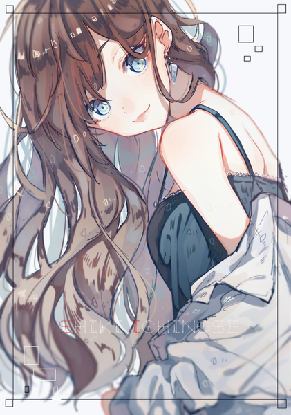 Anime picture 600x854 with idolmaster idolmaster cinderella girls ichinose shiki nakaba (mode) single long hair tall image looking at viewer blue eyes simple background smile brown hair white background bare shoulders upper body head tilt lips character names wavy hair framed