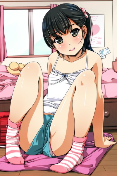 Anime picture 800x1200 with original matsunaga kouyou single long hair tall image looking at viewer blush open mouth light erotic black hair full body ponytail indoors head tilt black eyes arm support spread legs pantyshot no shoes shiny skin