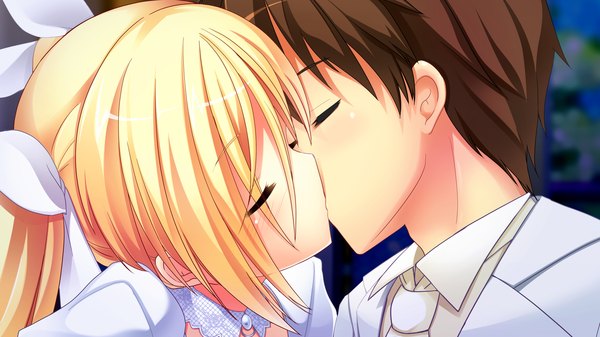 Anime picture 2560x1440 with love la bride yuki nao mutou kurihito highres blonde hair brown hair wide image game cg couple kiss girl boy bow hair bow