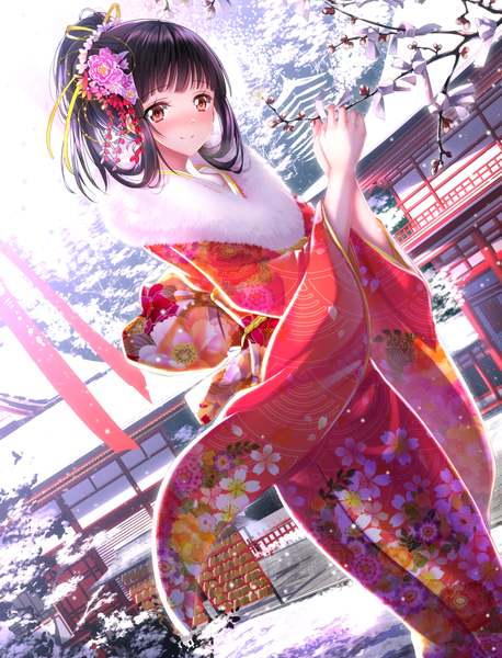 Anime picture 1102x1444 with amagi brilliant park kyoto animation koborii (amaburi) swordsouls single long hair tall image looking at viewer blush black hair red eyes traditional clothes japanese clothes hair flower dutch angle fur trim snow alternate hairstyle hair up girl