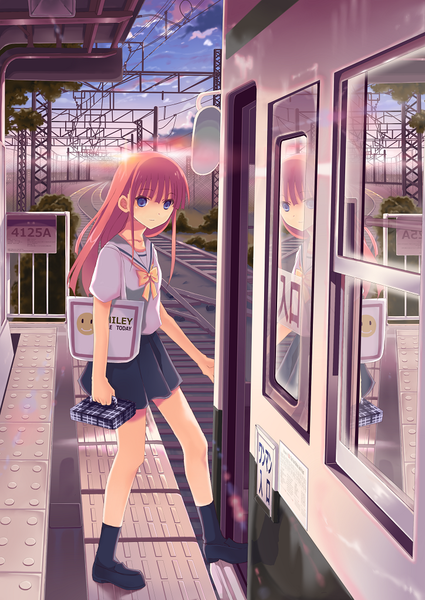 Anime picture 724x1023 with original airibbon (artist) single long hair tall image looking at viewer blue eyes pink hair sky cloud (clouds) evening reflection sunset girl skirt uniform bow plant (plants) school uniform socks