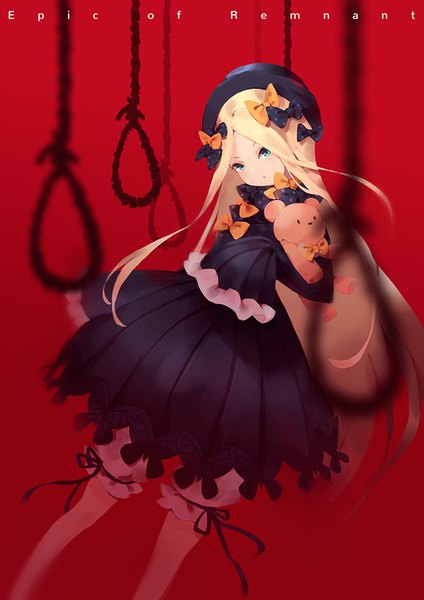 Anime picture 707x1000 with fate (series) fate/grand order abigail williams (fate) vienri single long hair tall image looking at viewer blue eyes simple background blonde hair long sleeves head tilt text red background girl dress bow hair bow hat