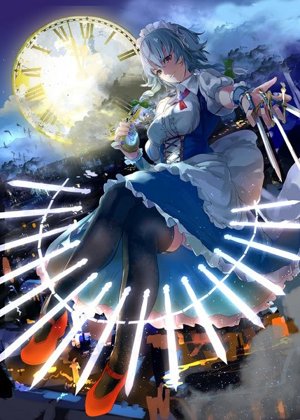 Anime picture 648x906 with touhou izayoi sakuya three k (spiritus no honoo) single long hair tall image looking at viewer breasts smile holding brown eyes sky silver hair cloud (clouds) bent knee (knees) braid (braids) nail polish from above night maid