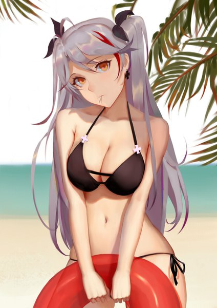 Anime picture 980x1386 with azur lane prinz eugen (azur lane) prinz eugen (unfading smile) (azur lane) kamikakushi no ocarino single long hair tall image looking at viewer blush fringe breasts light erotic hair between eyes large breasts standing bare shoulders holding brown eyes cleavage outdoors