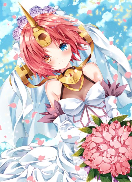 Anime picture 600x824 with fate (series) fate/apocrypha frankenstein's monster (fate) nogi takayoshi single tall image looking at viewer blush short hair breasts blue eyes smile holding brown eyes pink hair sky cloud (clouds) horn (horns) dutch angle sleeveless