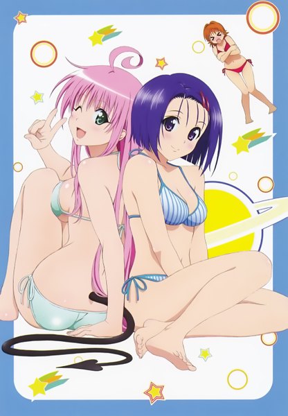 Anime picture 2037x2936 with toloveru xebec lala satalin deviluke sairenji haruna tagme (artist) long hair tall image highres short hair blue eyes light erotic smile purple eyes multiple girls blue hair pink hair ahoge tail one eye closed wink