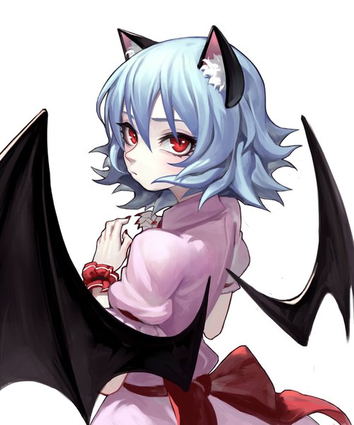 Anime picture 1200x1441 with touhou remilia scarlet fkey single tall image looking at viewer fringe short hair simple background smile hair between eyes red eyes white background animal ears blue hair upper body nail polish fingernails from behind cat ears