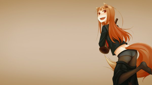 Anime picture 1920x1080 with spice and wolf horo single long hair blush highres light erotic simple background smile red eyes brown hair wide image animal ears tail wolf ears wolf tail wolf girl girl underwear panties