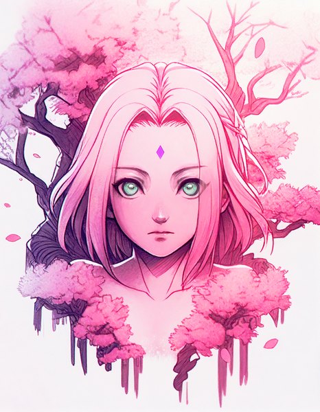Anime picture 1244x1600 with naruto studio pierrot naruto (series) haruno sakura madasamaaa single tall image looking at viewer fringe short hair simple background green eyes pink hair cherry blossoms face forehead mark girl plant (plants) petals tree (trees)