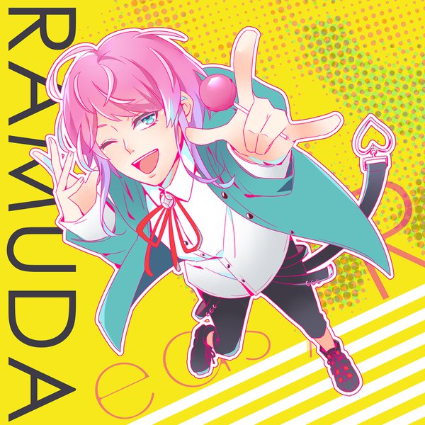 Anime picture 1500x1500 with hypnosis mic amemura ramuda peko (pepan) single looking at viewer fringe short hair open mouth smile standing holding pink hair full body ahoge bent knee (knees) one eye closed aqua eyes wink character names standing on one leg