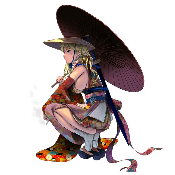 Anime picture 1000x1000 with original masao single long hair breasts blue eyes light erotic blonde hair looking away traditional clothes japanese clothes no bra sideboob scar squat sheathed seigaiha girl weapon hat