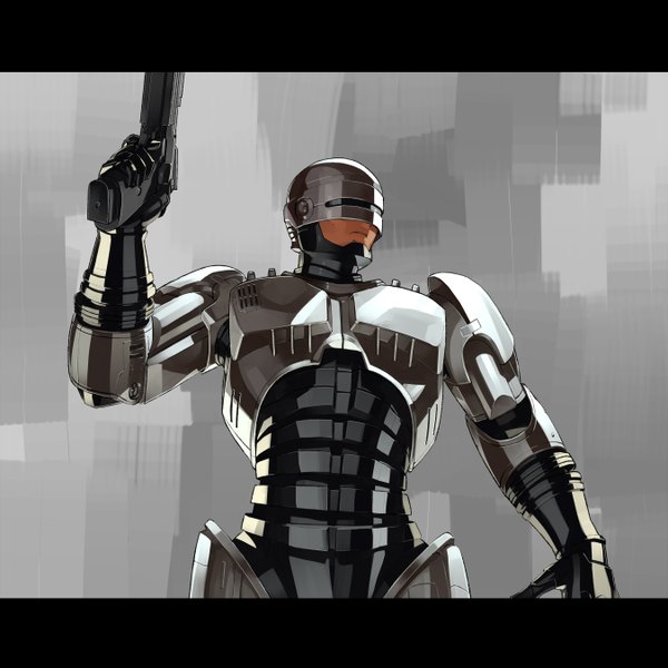 Anime picture 1350x1350 with robocop robocop (character) peter weller shihou (g-o-s) simple background standing grey background boy weapon gun pistol cyborg