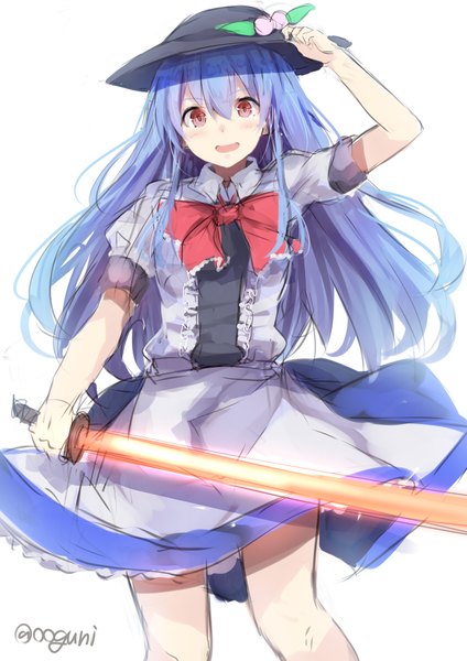 Anime picture 661x935 with touhou hinanawi tenshi wowoguni single long hair tall image looking at viewer blush open mouth simple background red eyes white background signed blue hair girl dress weapon hat sword hisou no tsurugi
