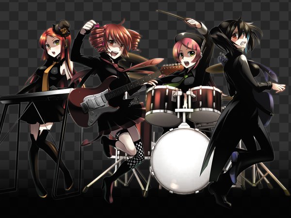 Anime picture 1600x1200 with utau kasane teto caffein long hair short hair open mouth red eyes multiple girls yellow eyes red hair heterochromia drill hair checkered background girl hat necktie thigh boots 4 girls guitar drum