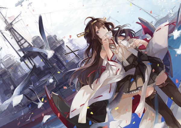 Anime picture 975x692 with kantai collection kongou battleship nineo single long hair brown hair standing holding ahoge pleated skirt wind wide sleeves grey eyes zettai ryouiki nontraditional miko girl skirt detached sleeves animal sea