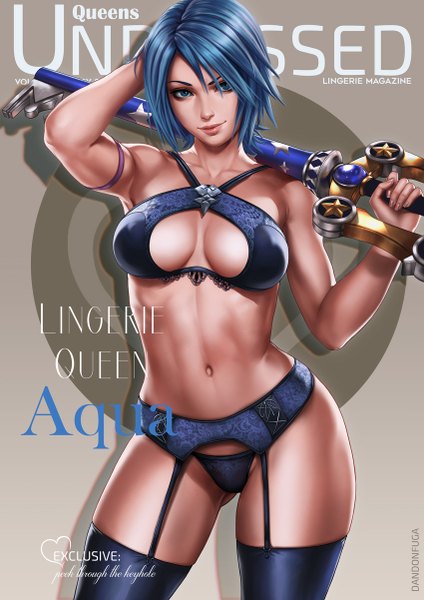 Anime picture 850x1202 with kingdom hearts square enix aqua (kingdom hearts) dandon fuga single tall image looking at viewer fringe short hair breasts blue eyes light erotic hair between eyes holding blue hair cleavage arm up light smile lips realistic